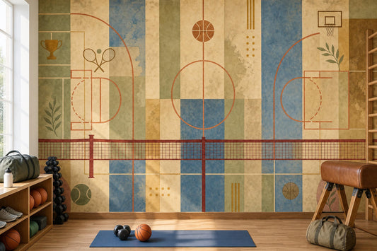 Vintage Sports Court Wall Mural Basketball Tennis Athletic Room Decor