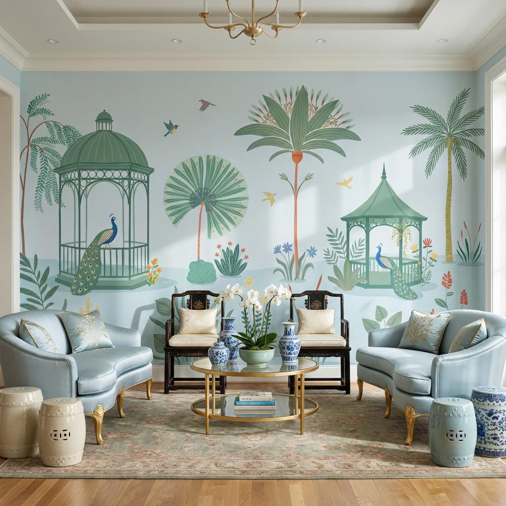 Gazebo Pavilion Wallpaper Garden Landscape Tropical Foliage Wall Mural