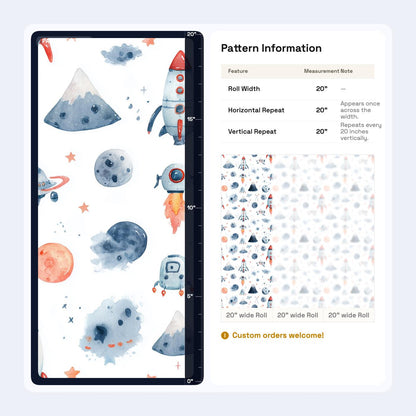 Watercolor Space Wallpaper Pattern Rocket Planet Galaxy Kids Nursery Wall Decor
