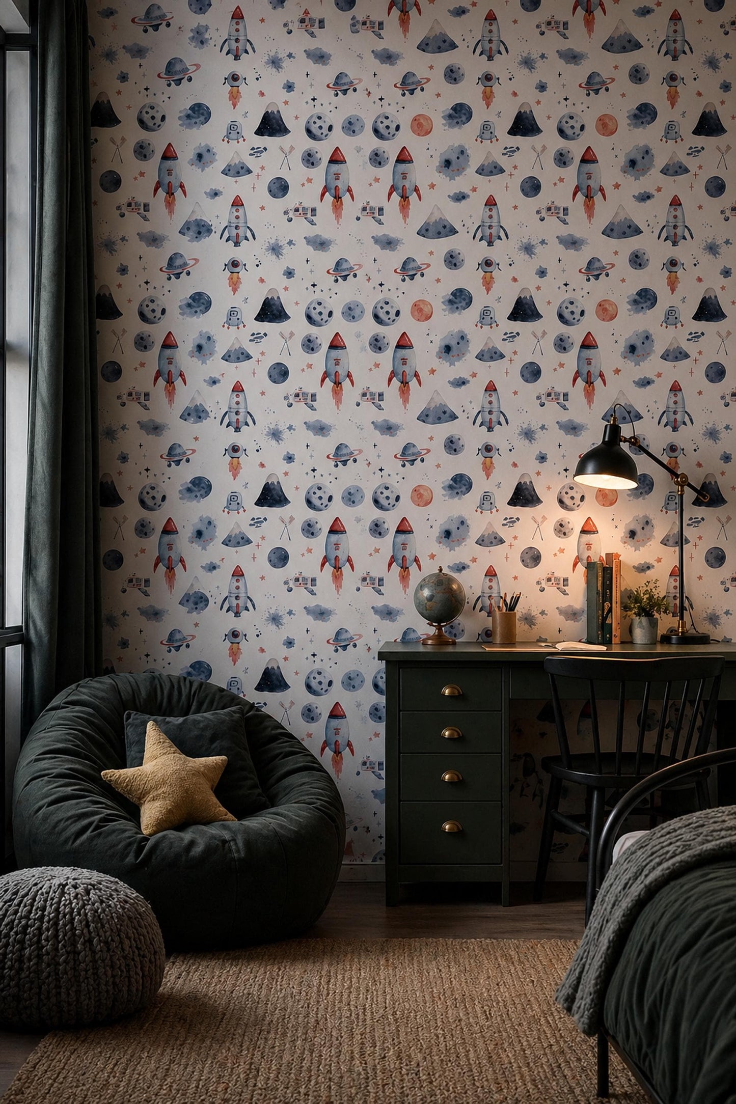 Watercolor Space Wallpaper Pattern Rocket Planet Galaxy Kids Nursery Wall Decor