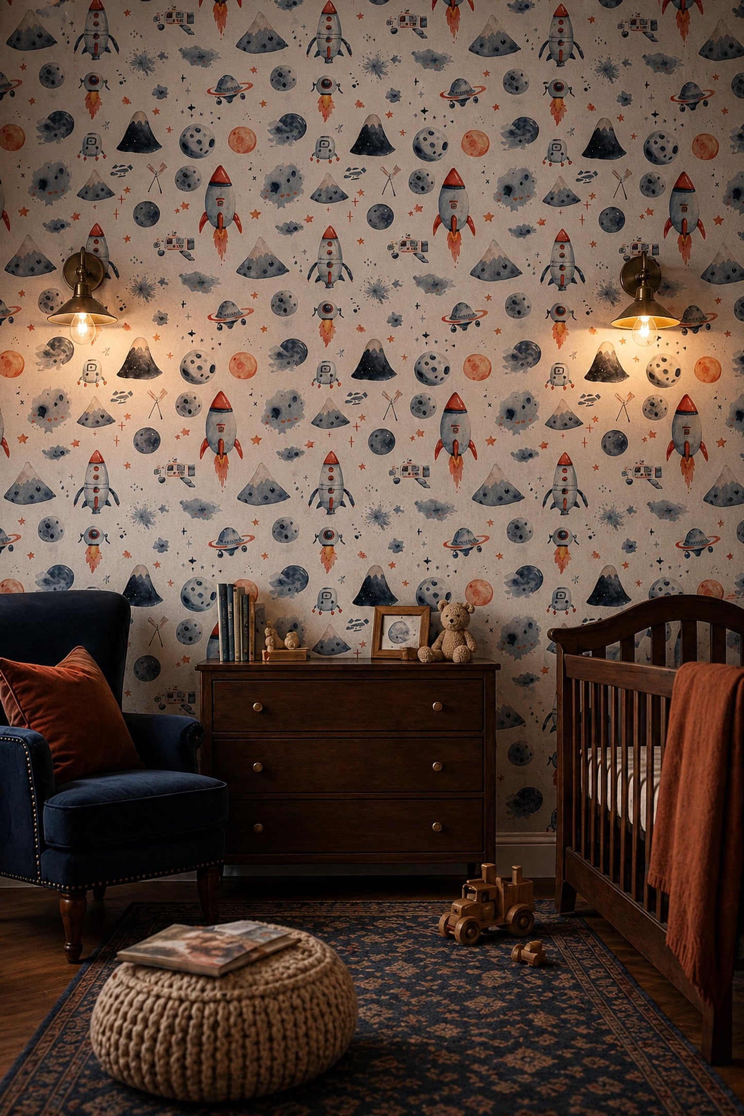 Watercolor Space Wallpaper Pattern Rocket Planet Galaxy Kids Nursery Wall Decor