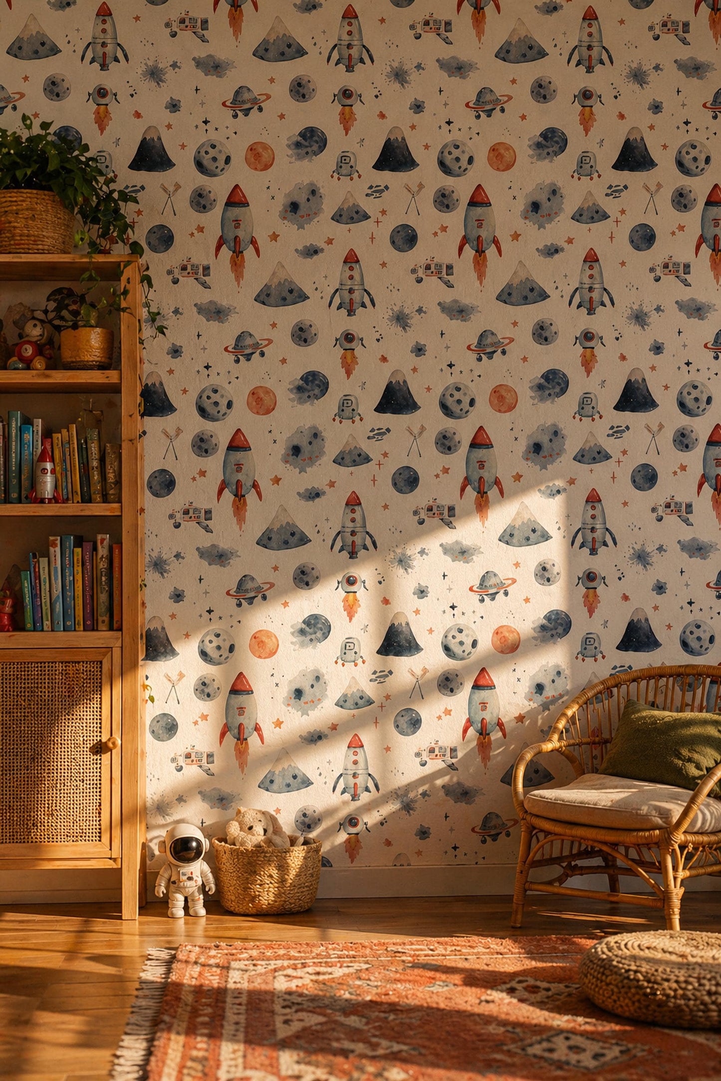 Watercolor Space Wallpaper Pattern Rocket Planet Galaxy Kids Nursery Wall Decor