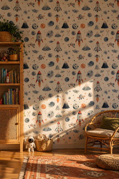 Watercolor Space Wallpaper Pattern Rocket Planet Galaxy Kids Nursery Wall Decor