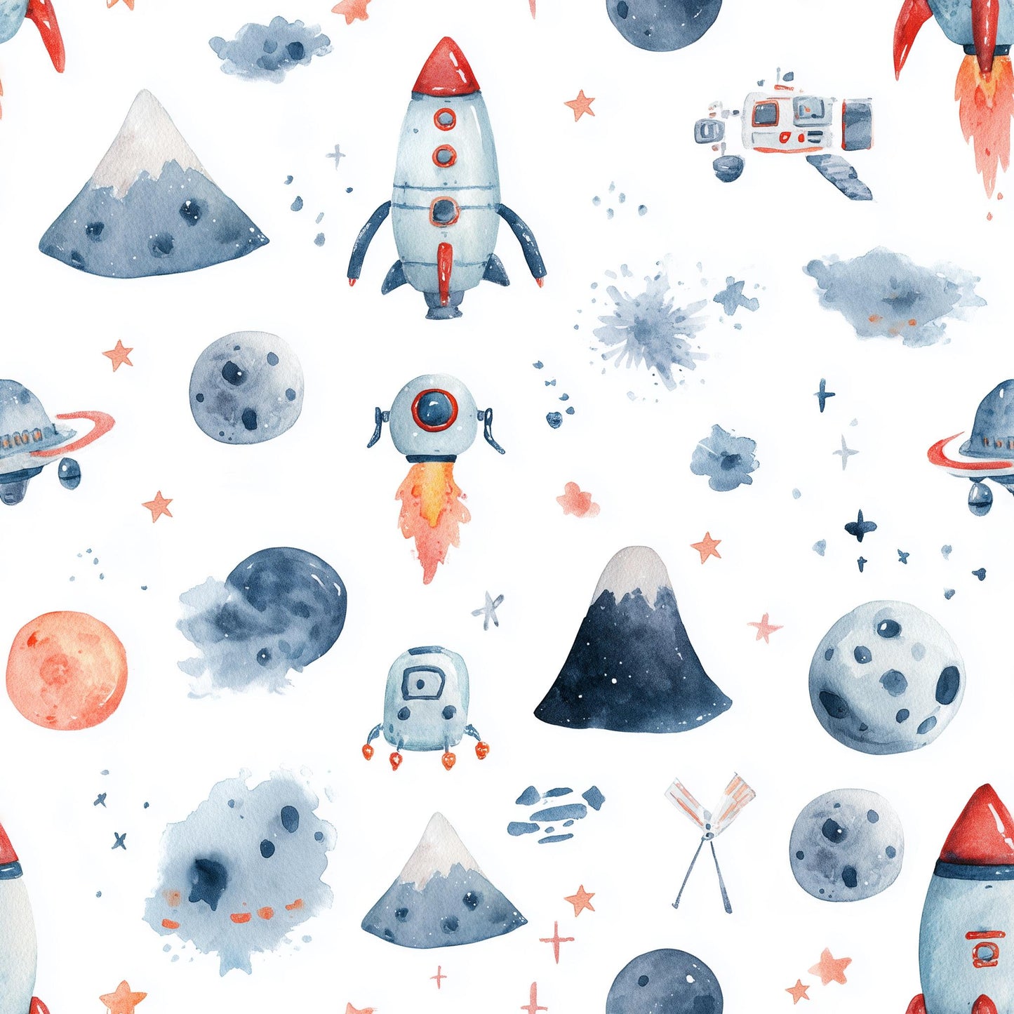 Watercolor Space Wallpaper Pattern Rocket Planet Galaxy Kids Nursery Wall Decor
