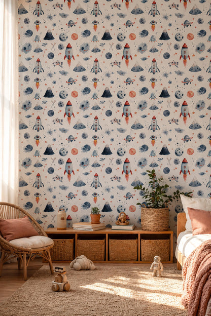 Watercolor Space Wallpaper Pattern Rocket Planet Galaxy Kids Nursery Wall Decor