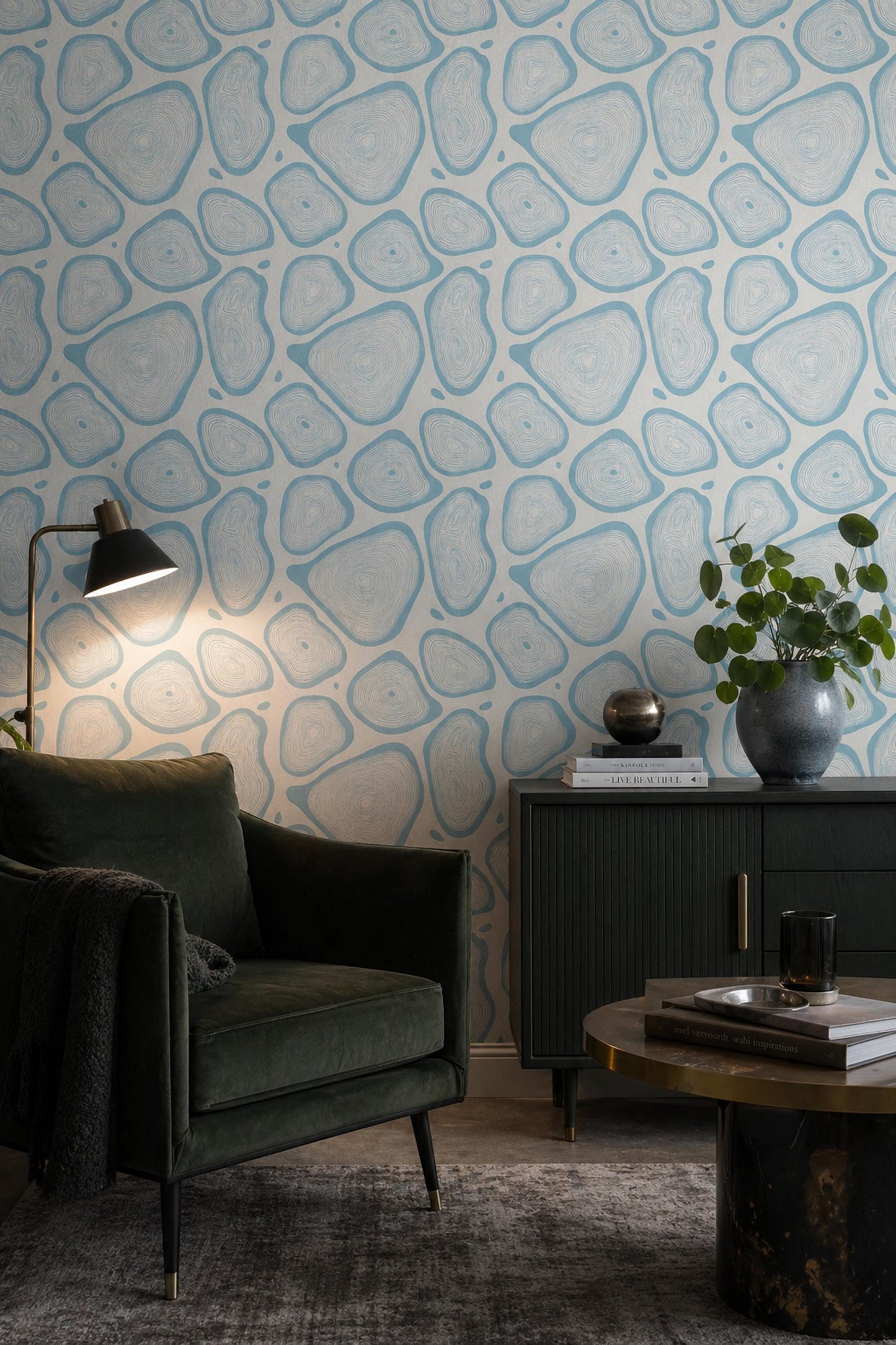 Abstract Organic Shapes Wallpaper Pattern Blue Coastal Pebble Modern Minimal Wall Decor