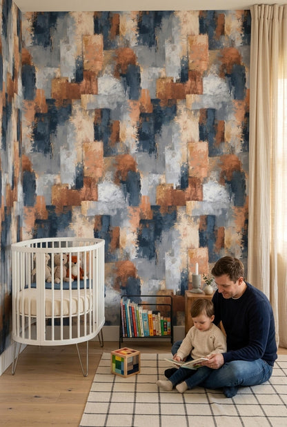 Abstract Paint Texture Wallpaper Pattern Blue Gray Rust Modern Artistic Wall Decor