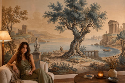 Vintage Mediterranean Landscape Wall Mural Olive Tree Coastal Scene Classical Art Wallpaper