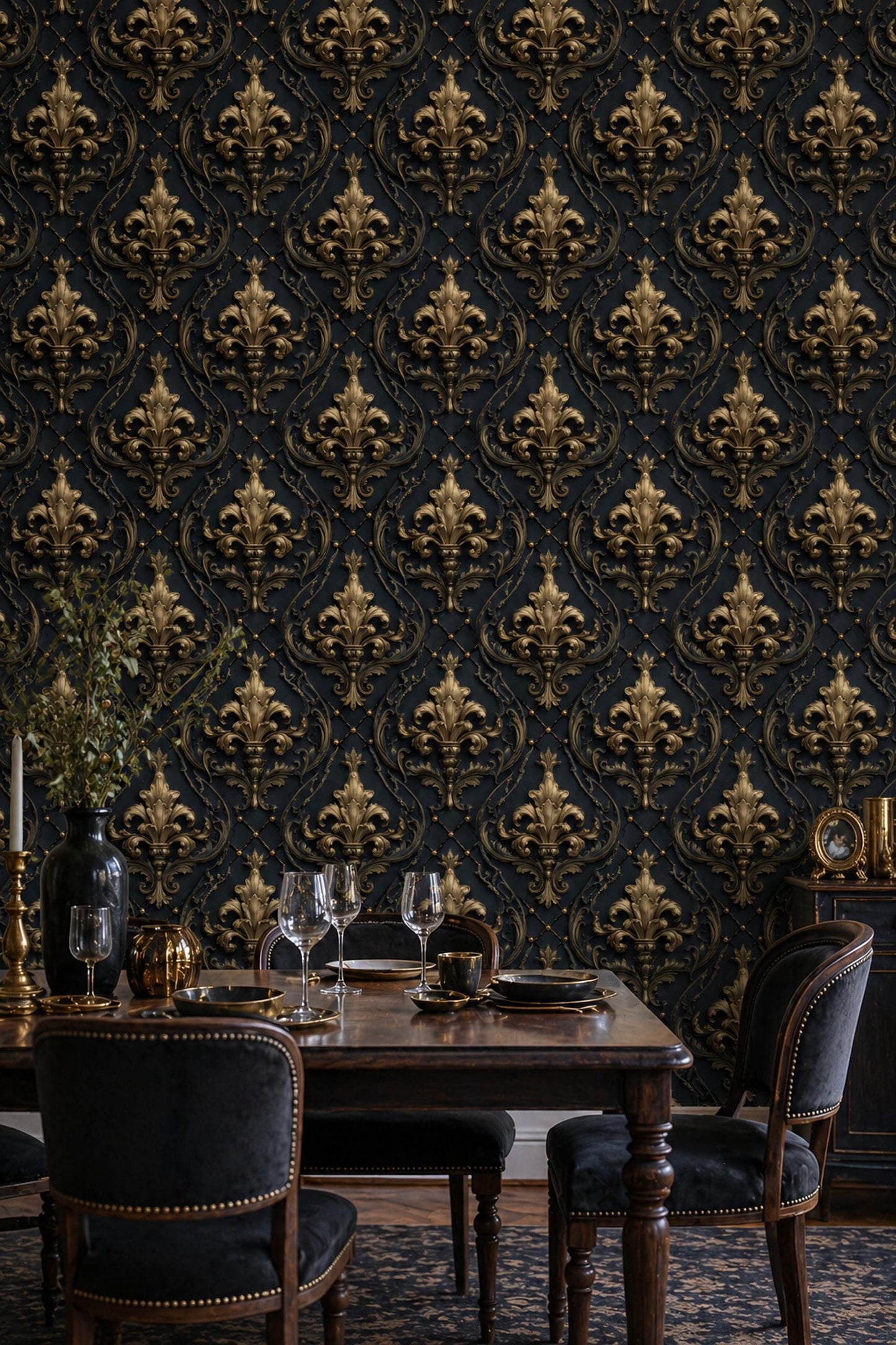 Luxury Baroque Wallpaper Pattern Gold Ornamental Damask Dark Elegant Classic Wall Decor