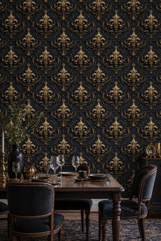 Luxury Baroque Wallpaper Pattern Gold Ornamental Damask Dark Elegant Classic Wall Decor