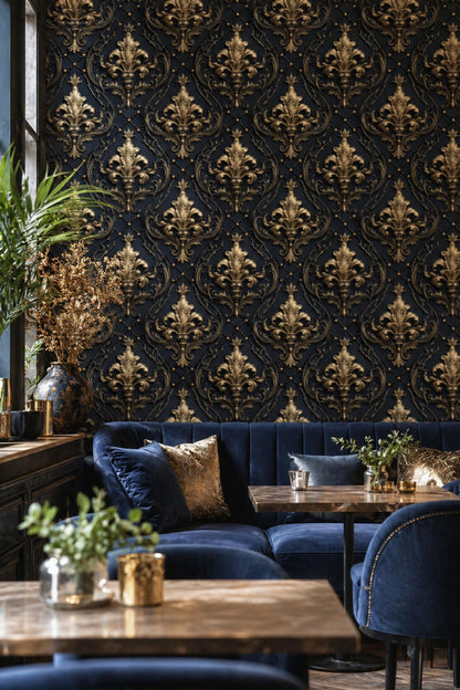 Luxury Baroque Wallpaper Pattern Gold Ornamental Damask Dark Elegant Classic Wall Decor
