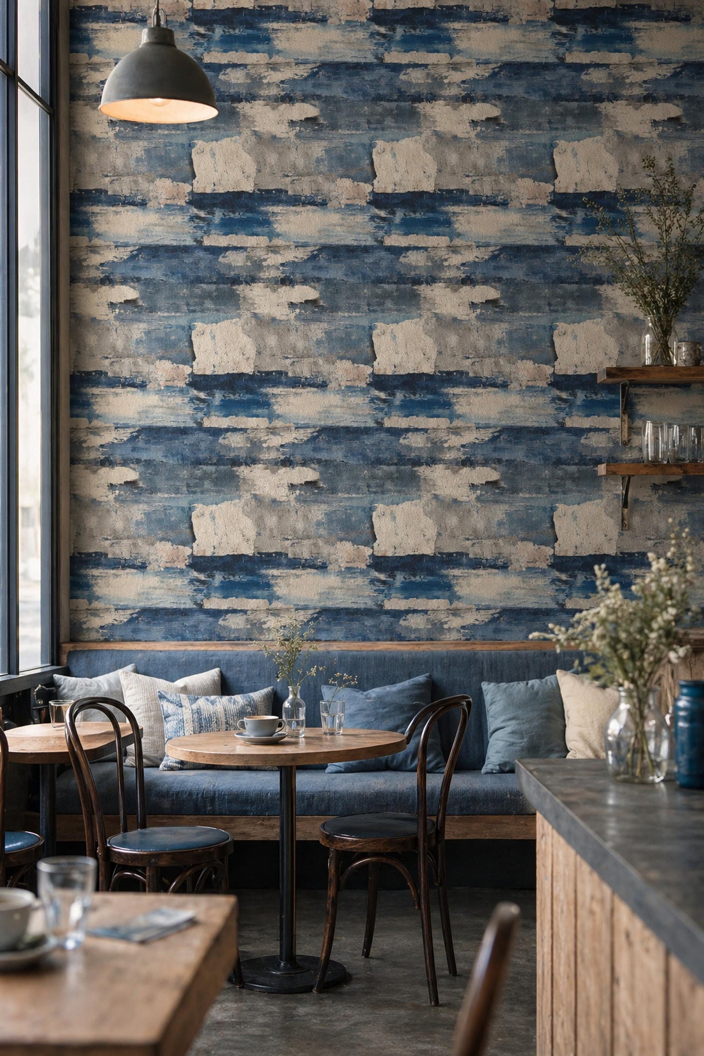 Coastal Abstract Wallpaper Pattern Blue White Textured Brush Modern Beach Style Decor