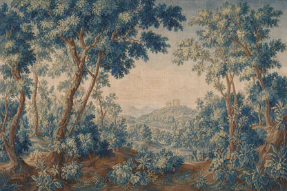 Vintage Forest Landscape Wall Mural Blue Botanical Scenic Wallpaper Classic Nature Art