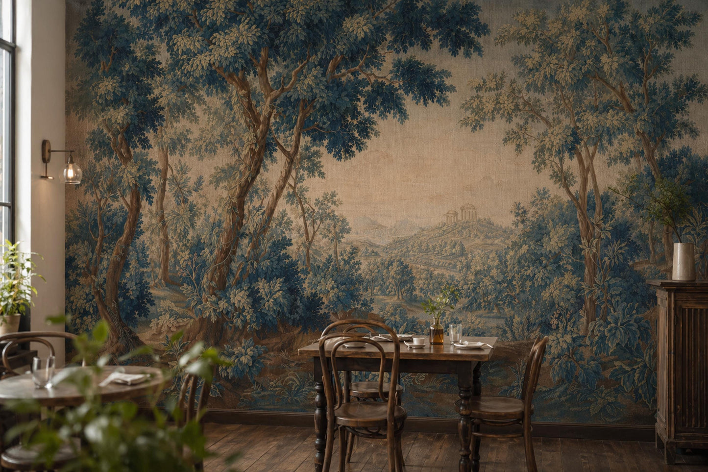 Vintage Forest Landscape Wall Mural Blue Botanical Scenic Wallpaper Classic Nature Art