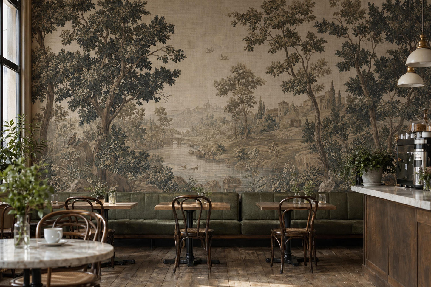 Antique River Landscape Wall Mural Vintage Countryside Scenic Wallpaper Classic Nature Art