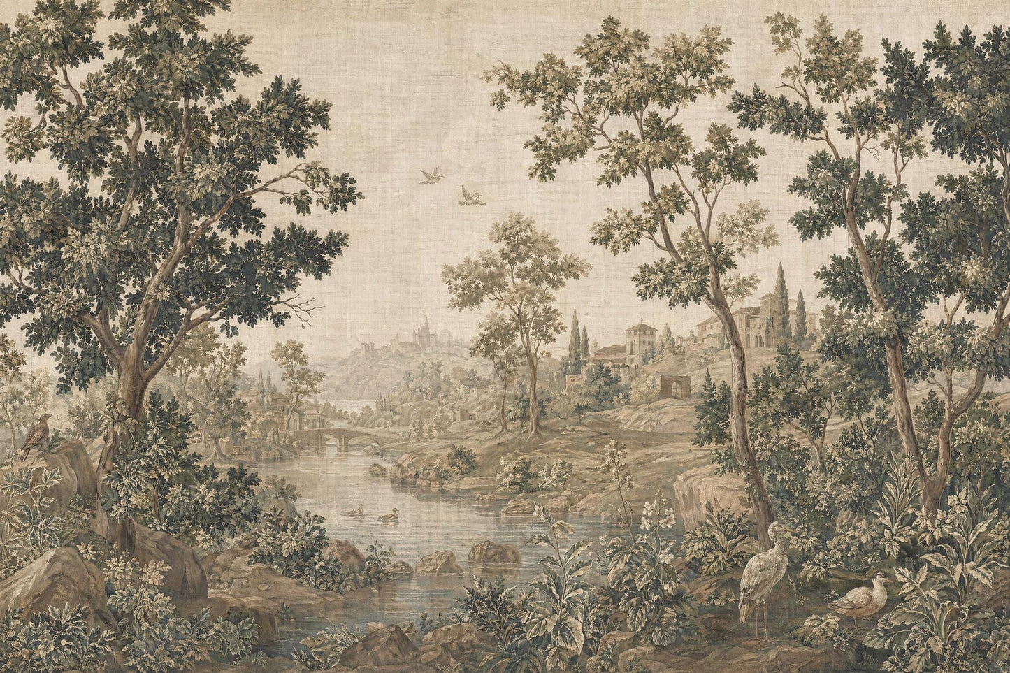 Antique River Landscape Wall Mural Vintage Countryside Scenic Wallpaper Classic Nature Art