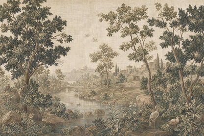 Antique River Landscape Wall Mural Vintage Countryside Scenic Wallpaper Classic Nature Art