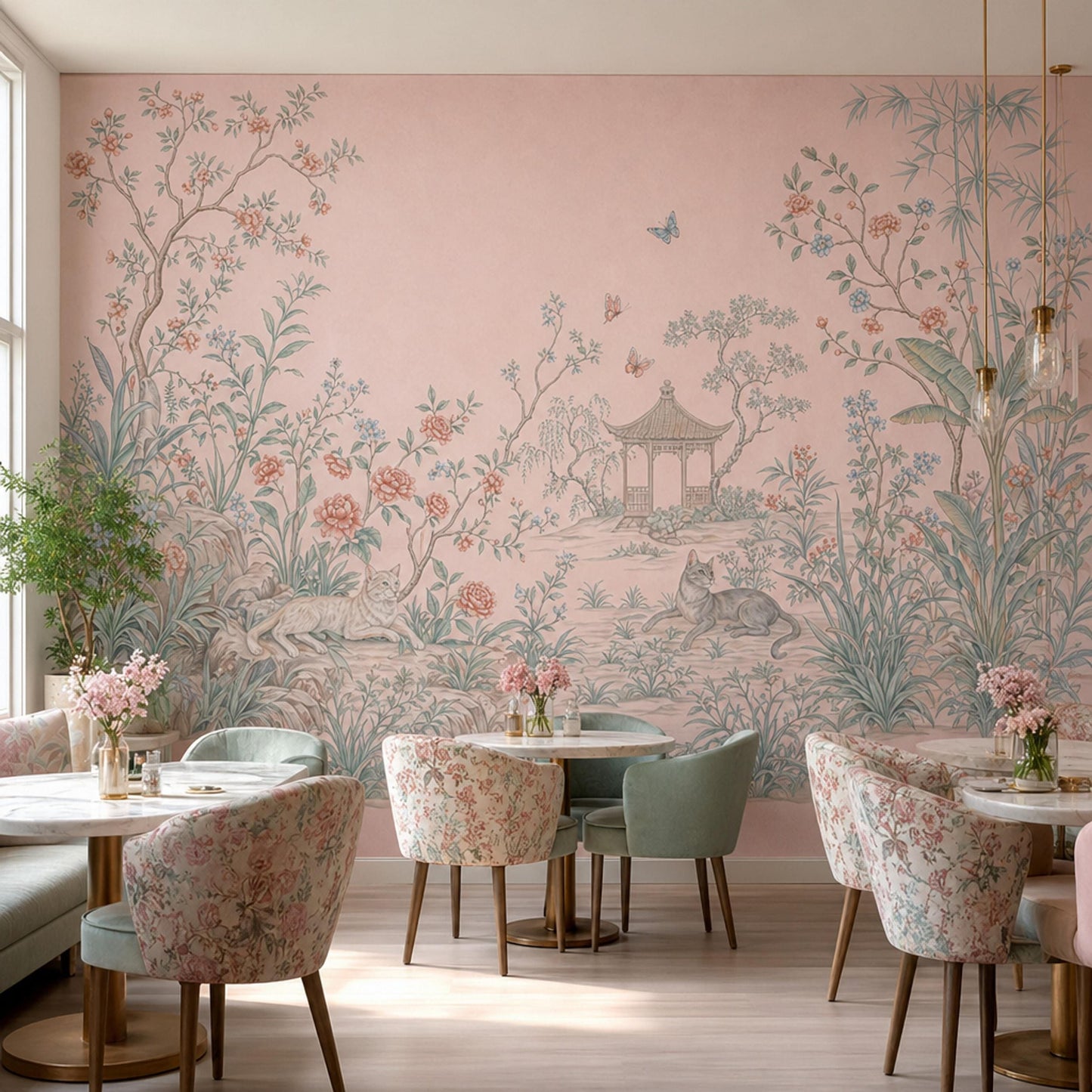 Chinoiserie Garden Wallpaper Pastel Pink Floral Landscape Wall Mural