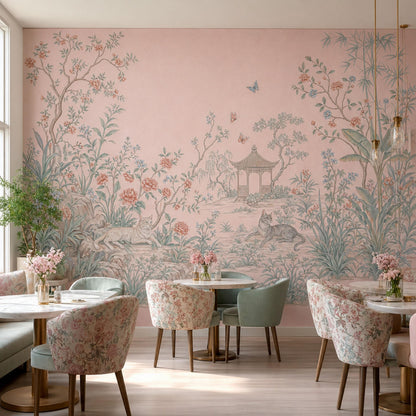 Chinoiserie Garden Wallpaper Pastel Pink Floral Landscape Wall Mural