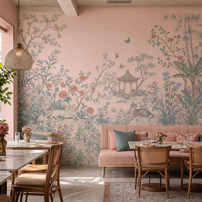 Chinoiserie Garden Wallpaper Pastel Pink Floral Landscape Wall Mural