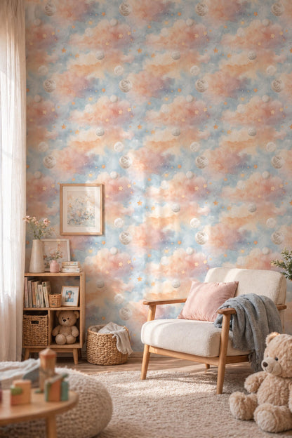 Dreamy Sky Wallpaper Moon Star Pattern Nursery Decor Soft Pastel Kids Room Wall Design