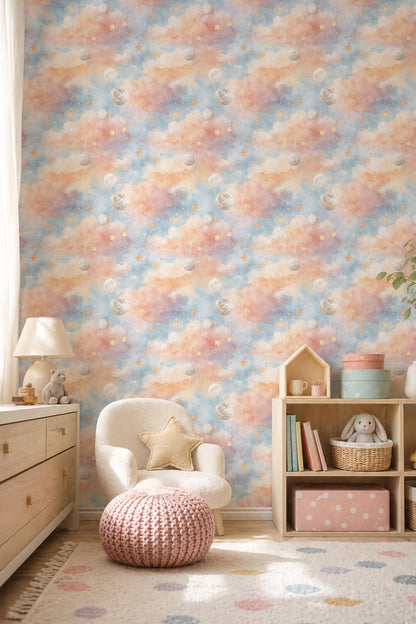 Dreamy Sky Wallpaper Moon Star Pattern Nursery Decor Soft Pastel Kids Room Wall Design