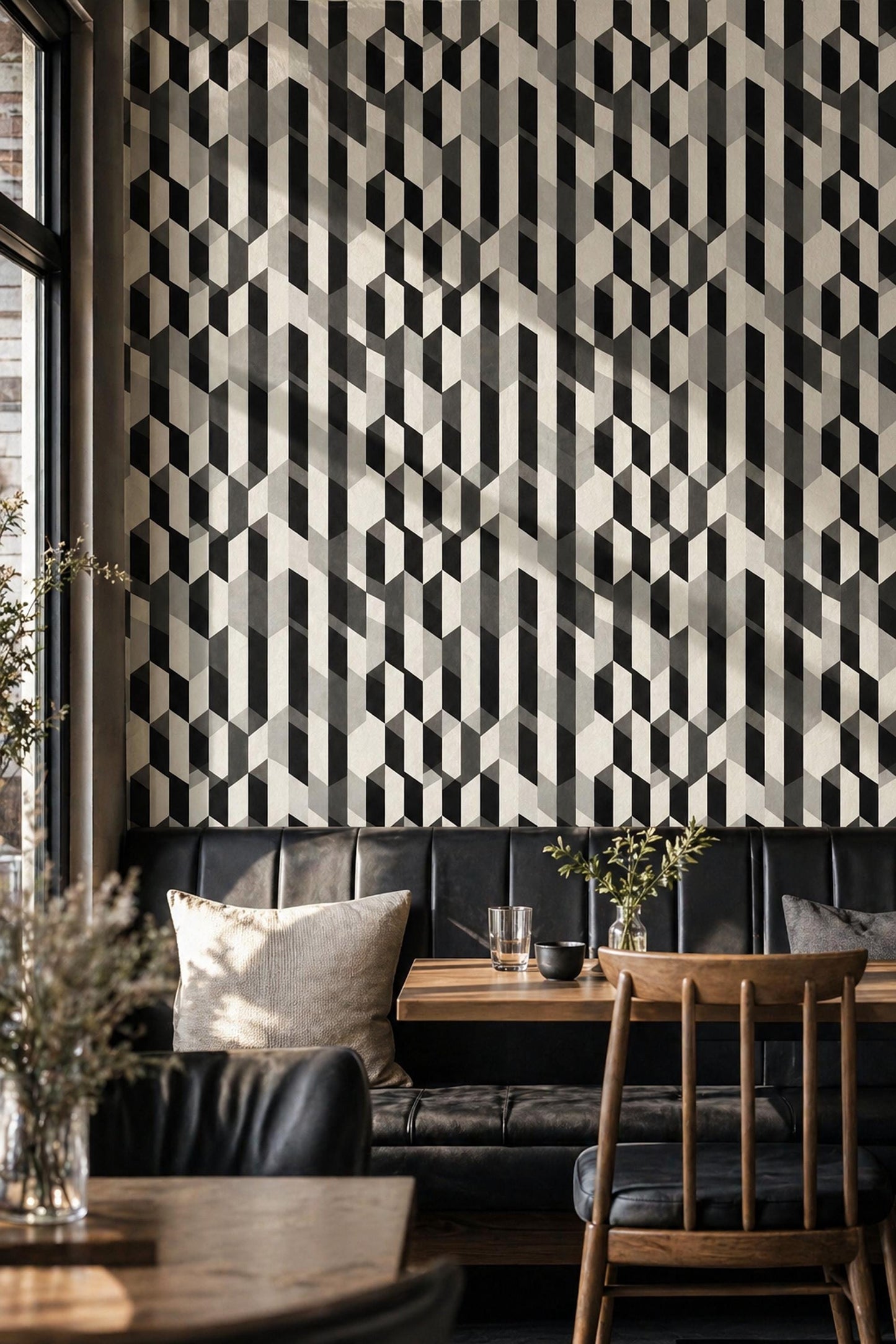 Geometric Wallpaper Modern Pattern Black White Wall Design 3D Cube Abstract Decor