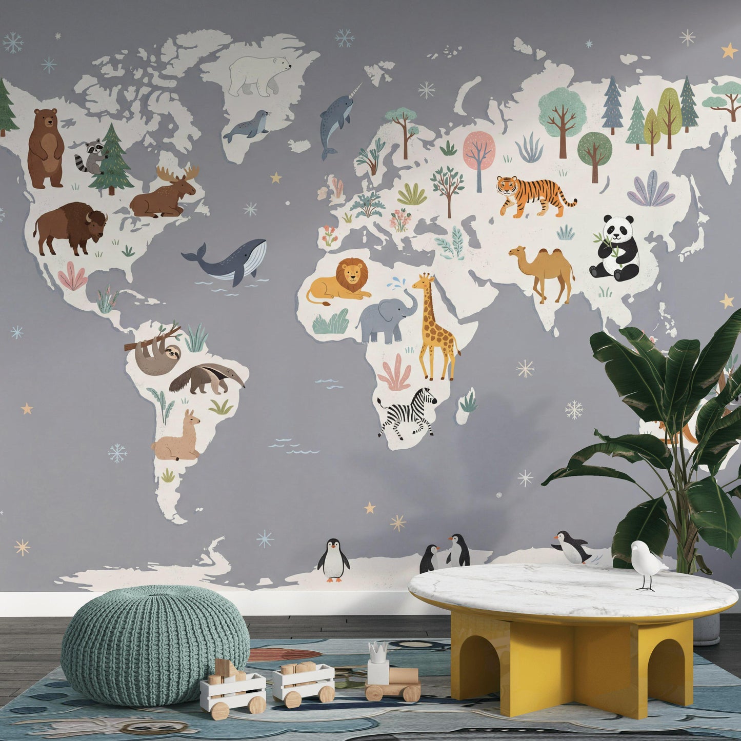 Animal World Map Wall Mural Safari Wildlife Geography Decor Playroom Classroom Wall Art
