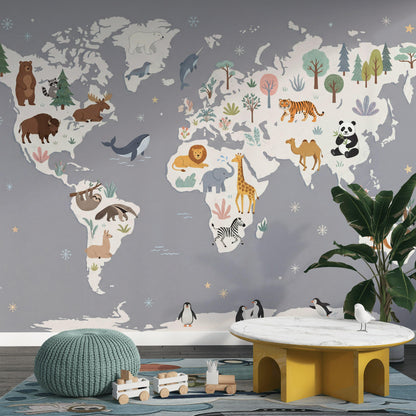 Animal World Map Wall Mural Safari Wildlife Geography Decor Playroom Classroom Wall Art