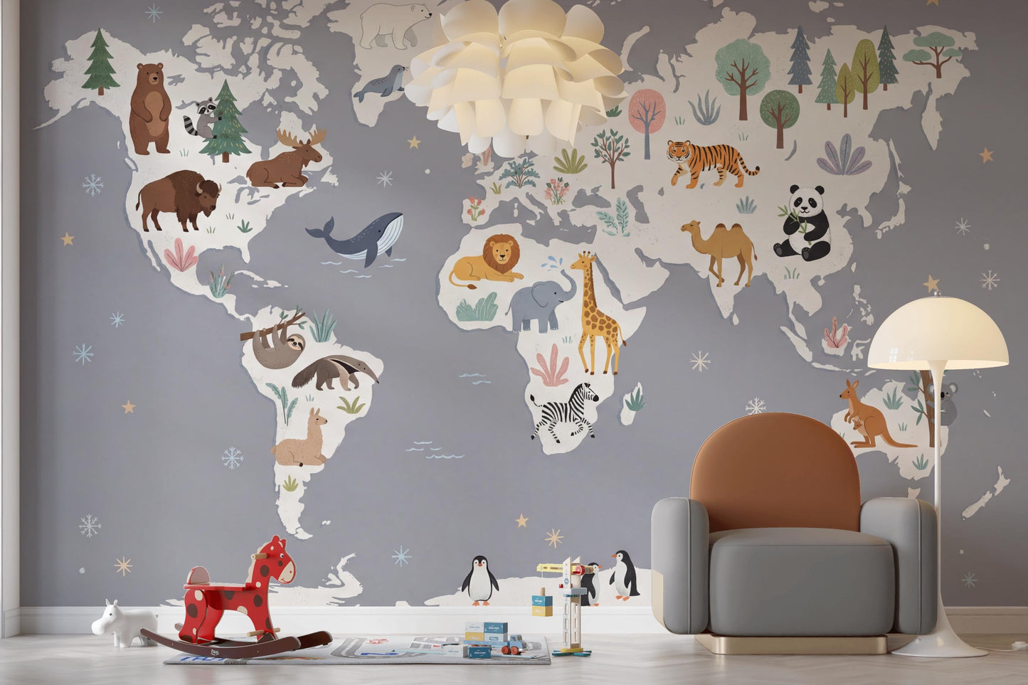 Animal World Map Wall Mural Safari Wildlife Geography Decor Playroom Classroom Wall Art