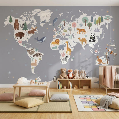 Animal World Map Wall Mural Safari Wildlife Geography Decor Playroom Classroom Wall Art