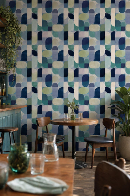 Mid Century Geometric Wallpaper Retro Pattern Blue Green Modern Abstract Wall Decor