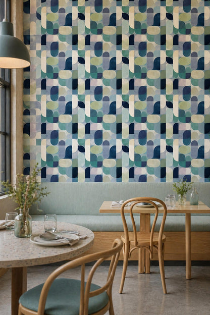 Mid Century Geometric Wallpaper Retro Pattern Blue Green Modern Abstract Wall Decor