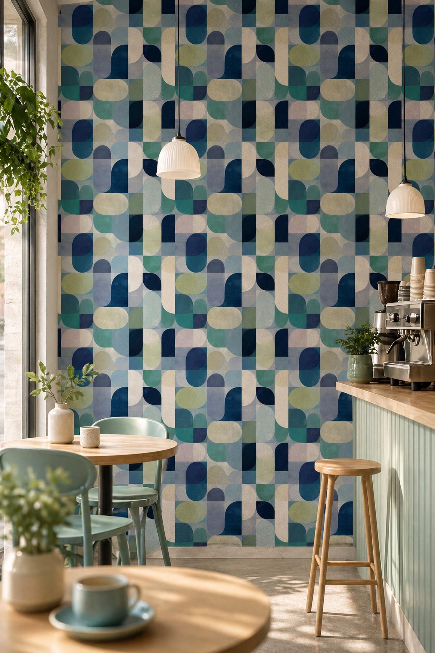 Mid Century Geometric Wallpaper Retro Pattern Blue Green Modern Abstract Wall Decor