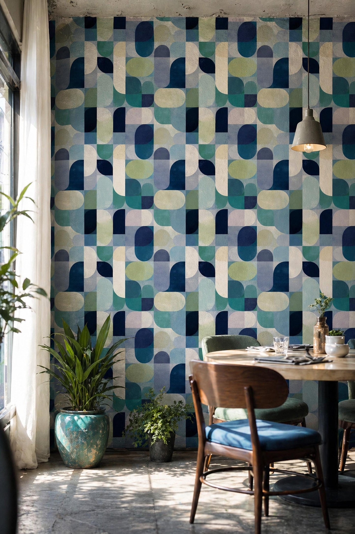 Mid Century Geometric Wallpaper Retro Pattern Blue Green Modern Abstract Wall Decor