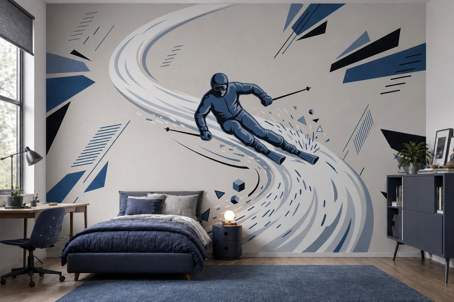 Ski Wall Mural Blue Sports Wallpaper Teen Room Decor Snowboarding Bedroom Wall Art
