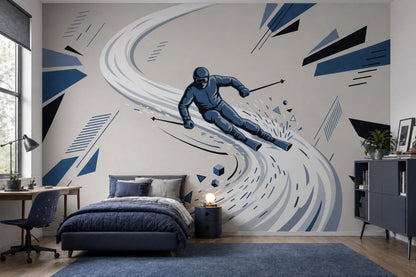 Ski Wall Mural Blue Sports Wallpaper Teen Room Decor Snowboarding Bedroom Wall Art