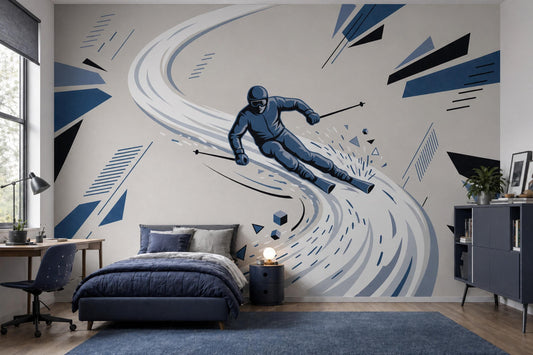 Ski Wall Mural Blue Sports Wallpaper Teen Room Decor Snowboarding Bedroom Wall Art