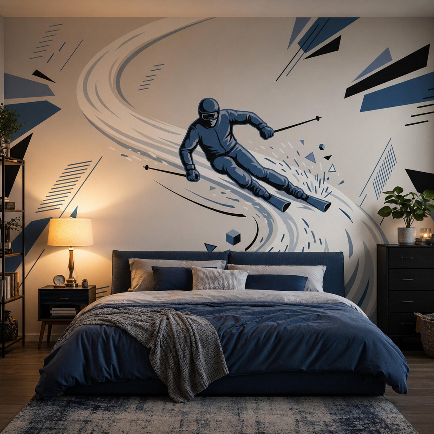 Ski Wall Mural Blue Sports Wallpaper Teen Room Decor Snowboarding Bedroom Wall Art