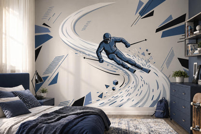 Ski Wall Mural Blue Sports Wallpaper Teen Room Decor Snowboarding Bedroom Wall Art