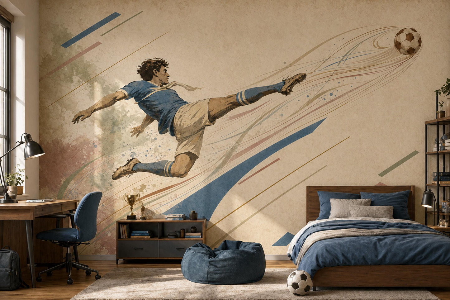 Soccer Kick Wall Mural Football Athlete Decor Boys Room Sports Bedroom Statement Art