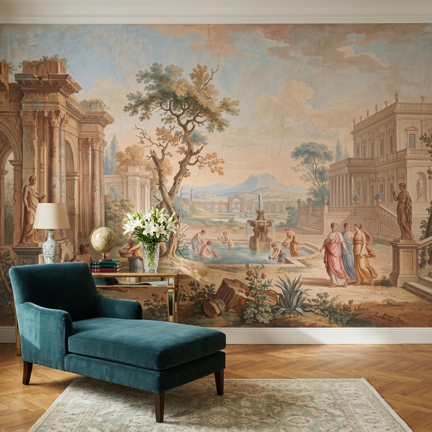 Fresco Mural Wallpaper Roman Ruins Fountain Garden Wall Mural