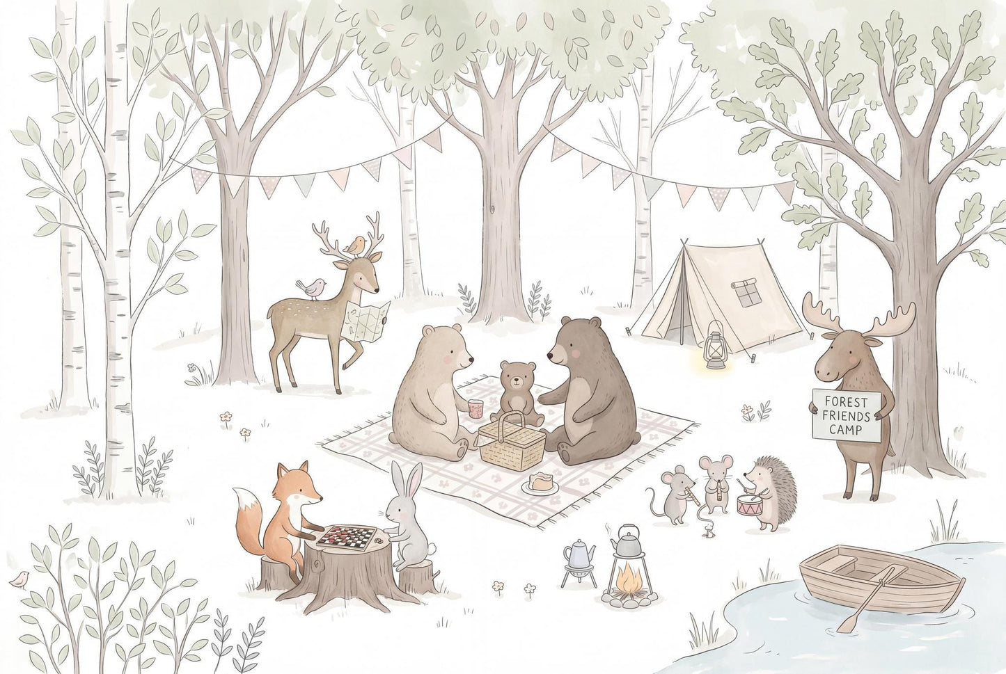 Woodland Camping Wallpaper Forest Animals Nursery Illustration Wall Mural