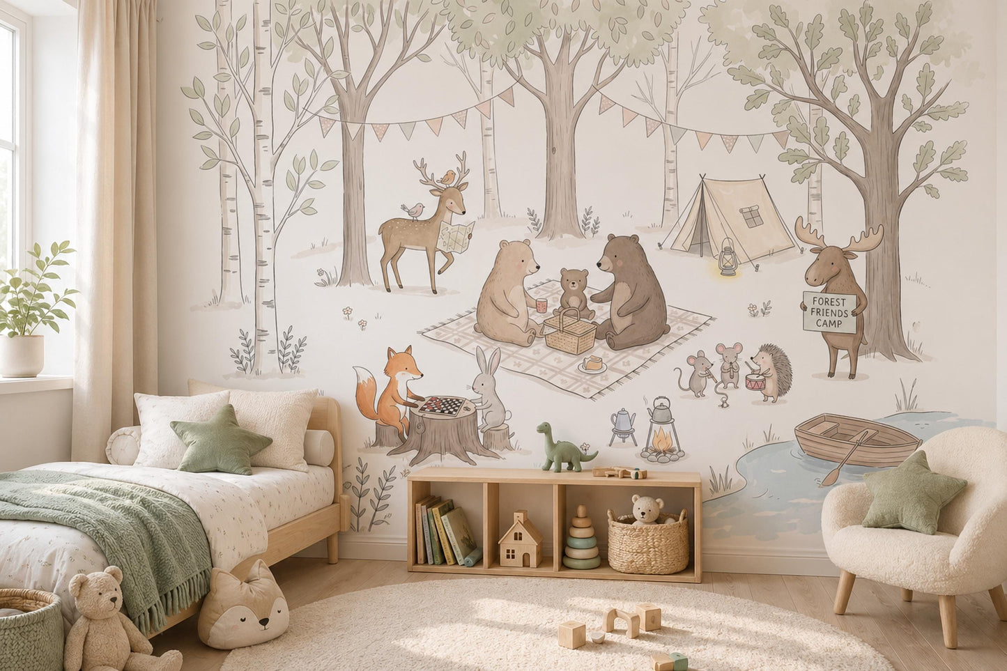 Woodland Camping Wallpaper Forest Animals Nursery Illustration Wall Mural