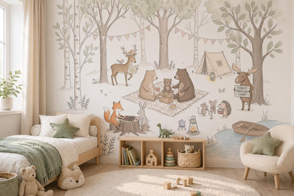 Woodland Camping Wallpaper Forest Animals Nursery Illustration Wall Mural