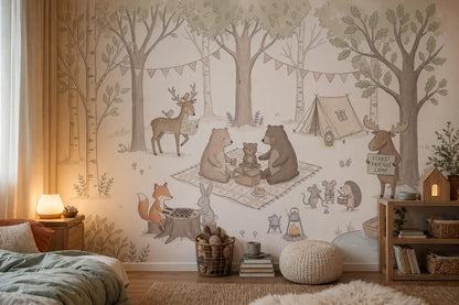 Woodland Camping Wallpaper Forest Animals Nursery Illustration Wall Mural