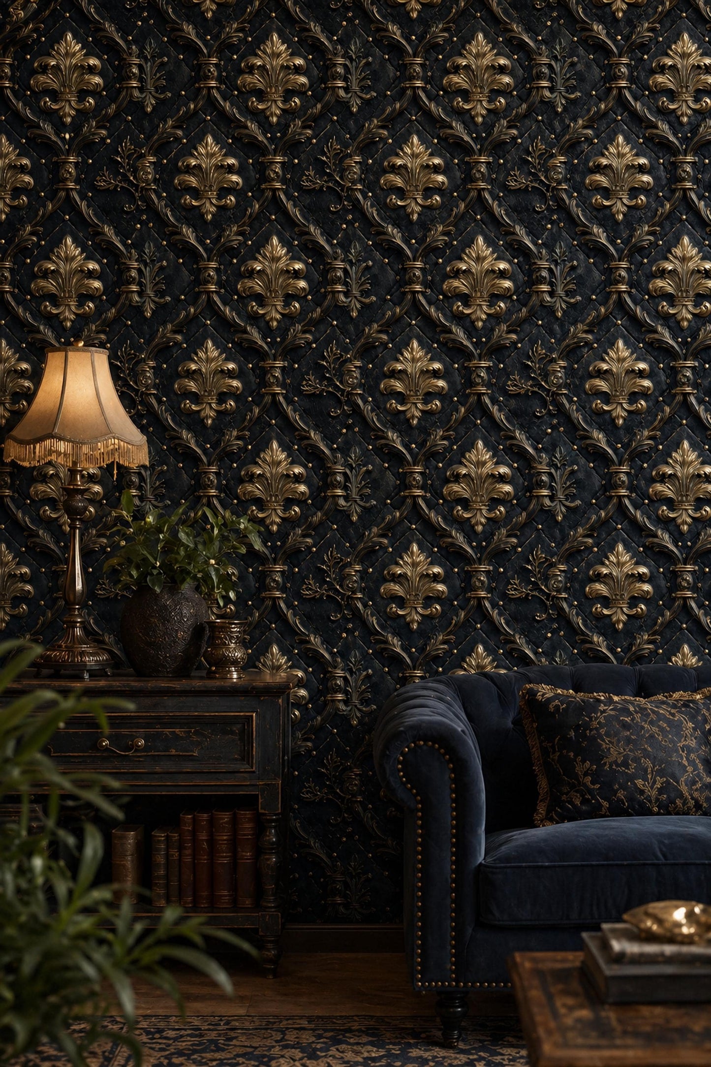Black Gold Baroque Wallpaper Luxury Damask Pattern Dark Elegant Wall Decor