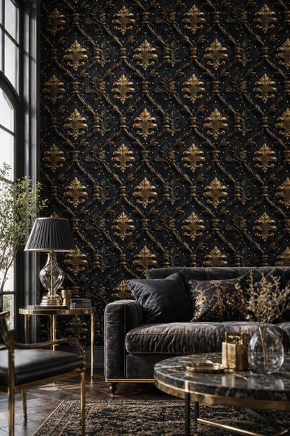Black Gold Baroque Wallpaper Luxury Damask Pattern Dark Elegant Wall Decor