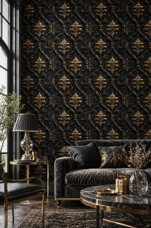 Black Gold Baroque Wallpaper Luxury Damask Pattern Dark Elegant Wall Decor