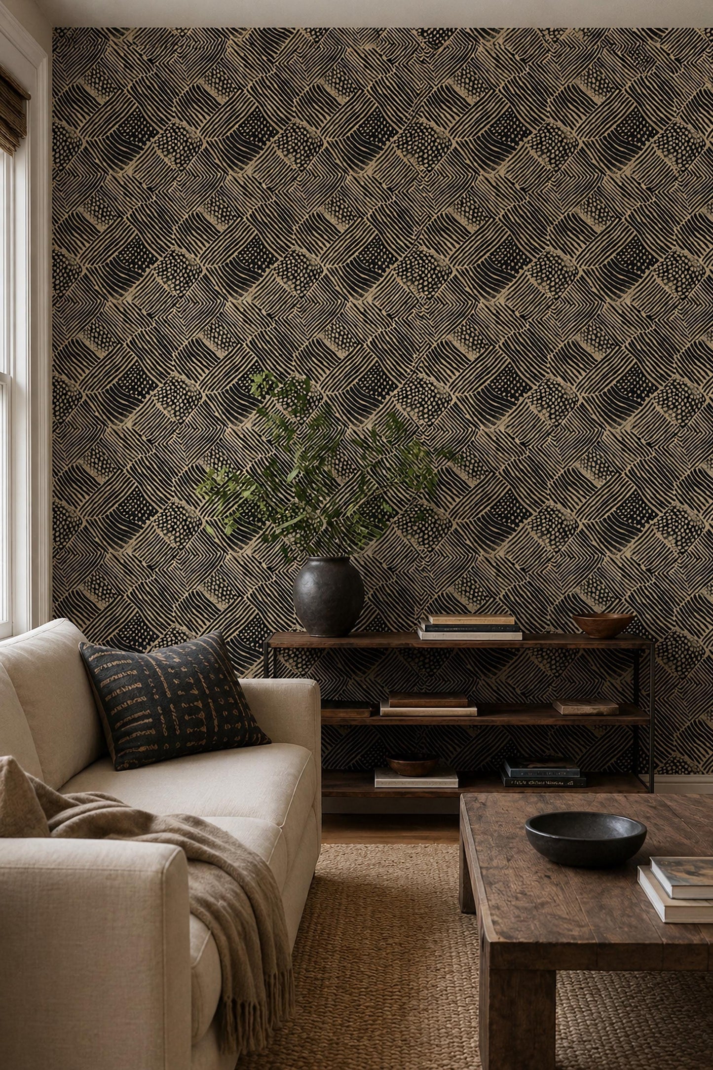 Primitive Linework Wallpaper Black Beige Geometric Block Print Wall Pattern